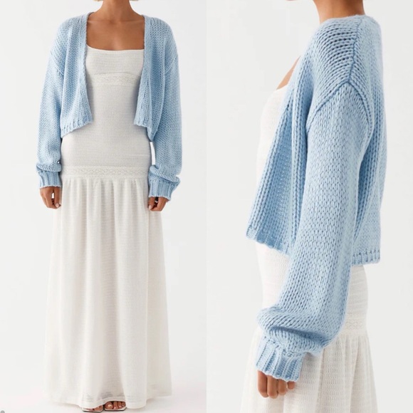 Peppermayo Jasleen Knit Cardigan Light Powder Blue Open Front Balloon Sleeves - Picture 7 of 15